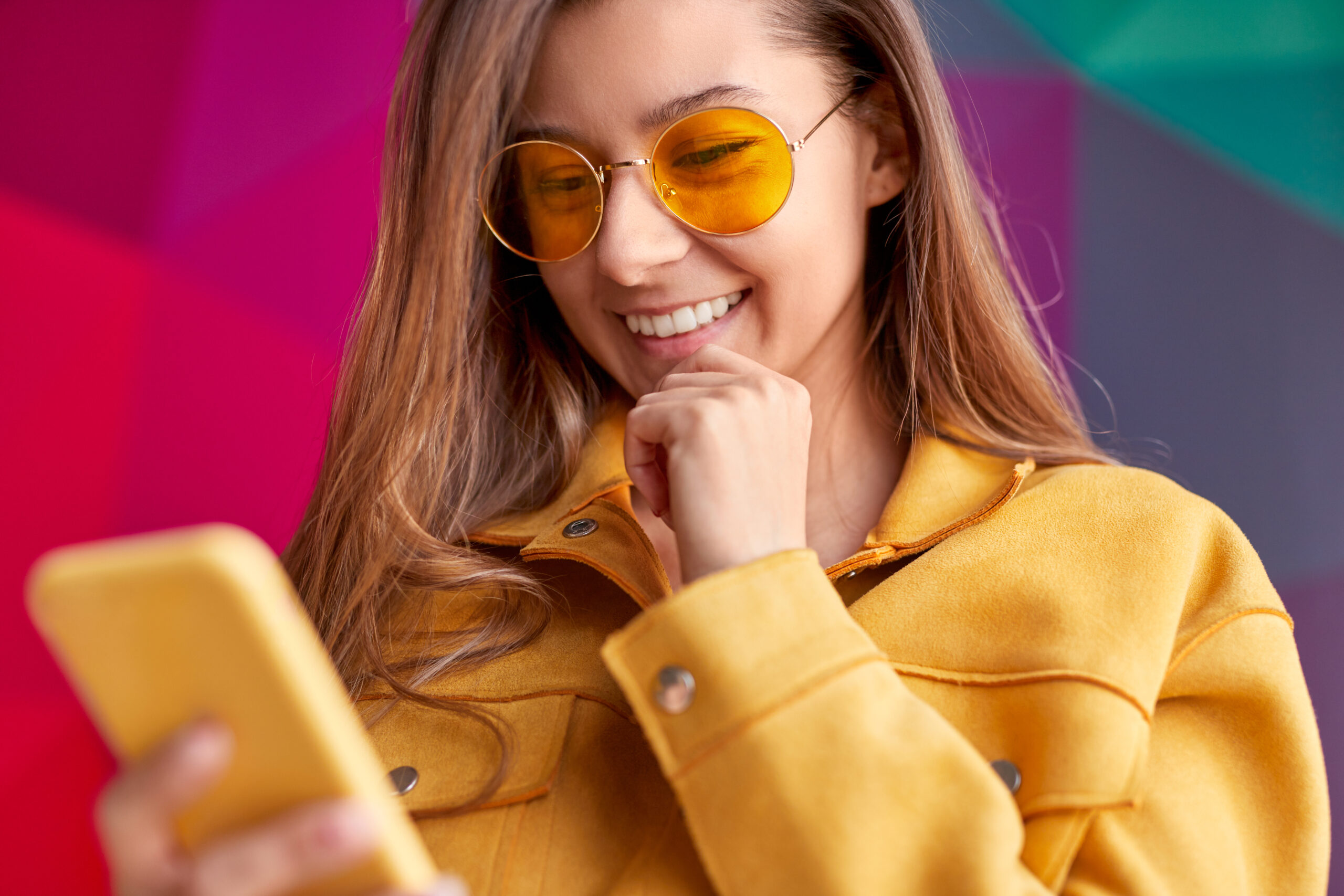 Cheerful woman researching payday loans