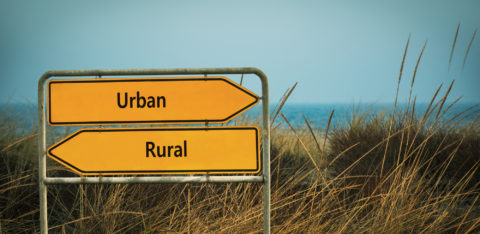 A directional sign by a lake points two ways — left for “rural,” and right for “urban.”