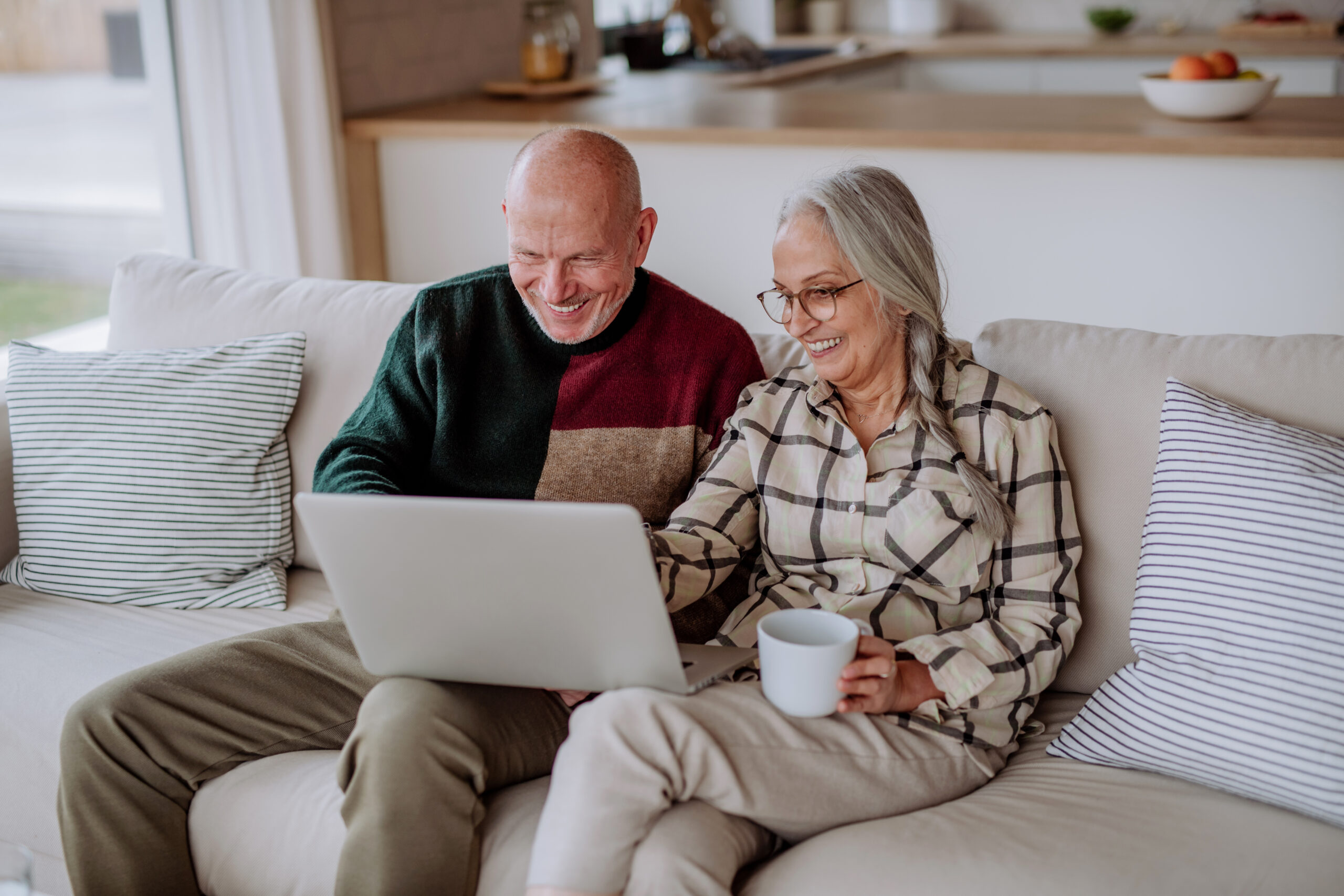 Senior couple sitting on sofa and shopping online with laptop.