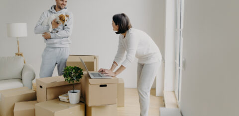 Busy woman tries to find information in laptop computer, buys furniture online, man stands with dog on hands, smiles and talks to wife, surrounded with pile of cardboard boxes have to unpack property