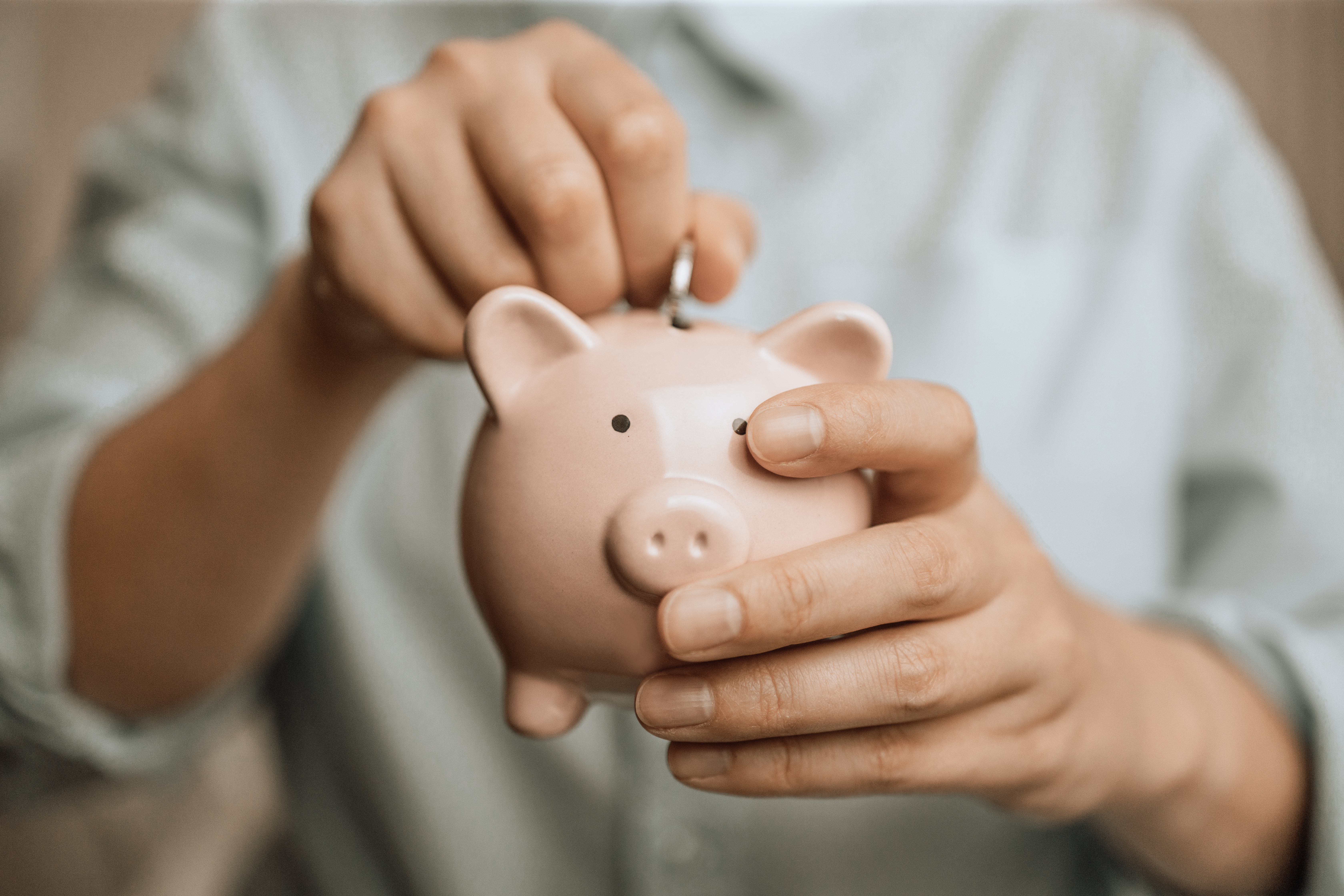 Female hands hold a pink piggy bank to save money.